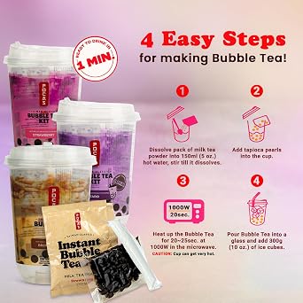Pocas Bubble Tea Kit, Variety 6-Pack Party Set Strawberry, Taro, and Brown Sugar with Tapioca Pearls, Milk Powder, Cups, Paper Straws, 17.9 Oz