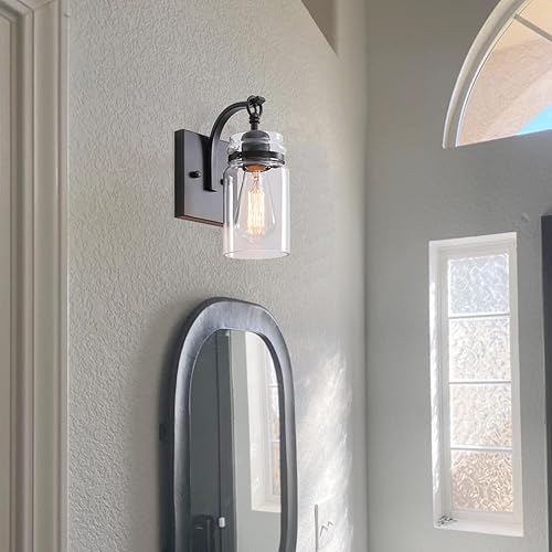 Miniatura 6 de Juego de dos apliques de pared negros, apliques negros con vidrio transparente para interiores, aplique de pared de baño de 1 luz para baño,