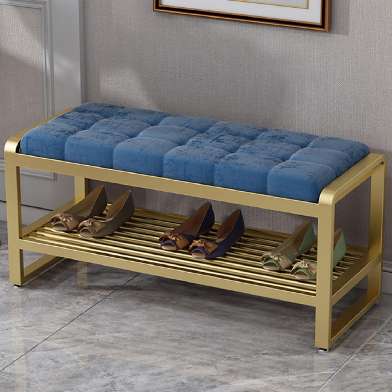 Stylowy aksamitny tapicerowany stołek do przewijania butów, metalowa rama, ławka wejściowa, wszechstronna sofa, otomana, do sypialni lub salonu, nowoczesny podnóżek, oszczędzający miejsce design