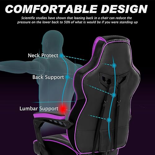 Miniatura 69 de Vonesse Silla de juegos rosa para adultos, silla de juegos de PC para niñas, silla reclinable de computadora con reposapiés, silla ergonómica de