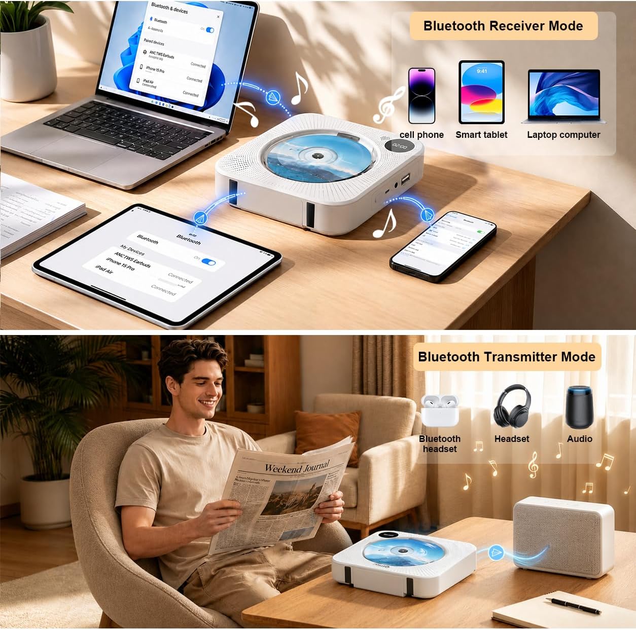 Portable CD Player Bluetooth CD Players for Home Rechargeable Desktop Wall Portable CD Player USB Type-C