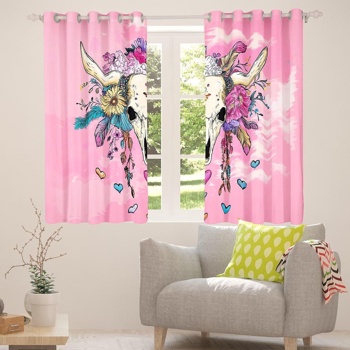 Feelyou Pink Boho Skull Window Curtains for Kids Cow Skull 30%-50% Blackout Curtains Boys Girls Ethnic Tribal Darkening Drapes for Bedroom Western Living Room Window Treatments (2 Panels, 42'' x 90'')