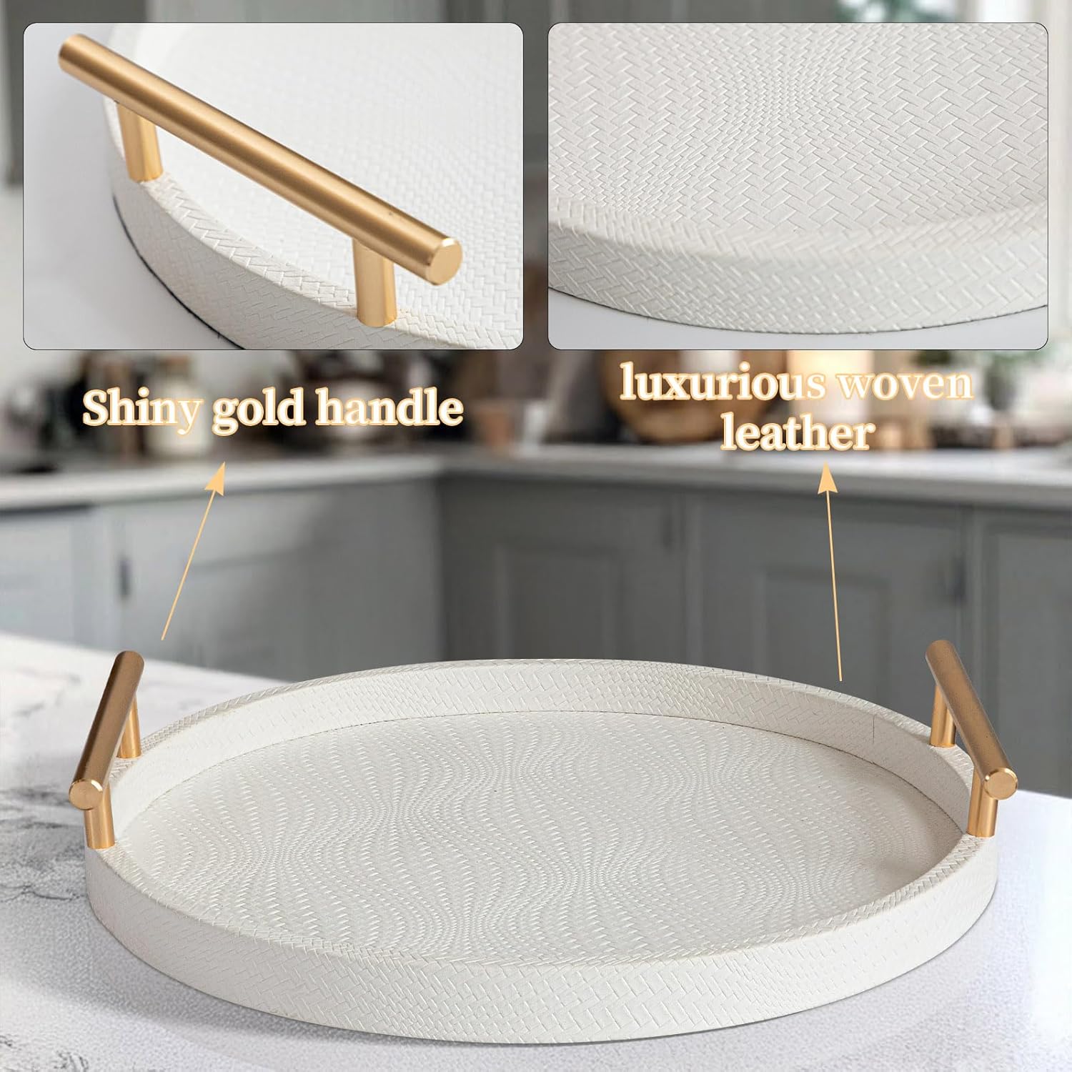 2 Piece White Round Serving Tray with Handles, Woven-Texture Faux Leather Ottoman Tray for Living Room, Decorative Tray for Coffee Table Home Decor - Image 4