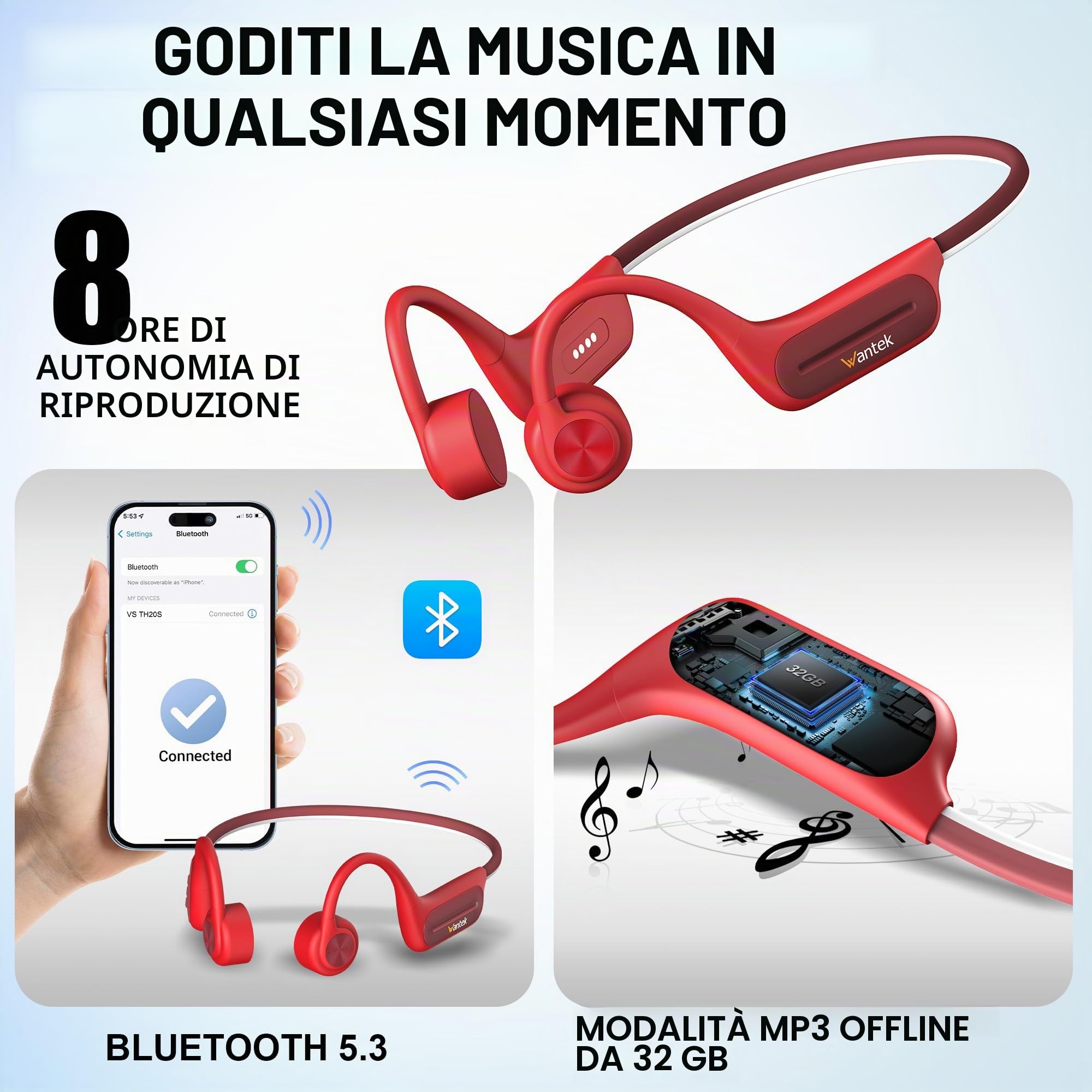Wantek Cuffie a Conduzione Ossea Bluetooth 5.3, Auricolari Sportivi Open-Ear Wireless, Impermeabili IP68 con Memoria MP3 da 32GB, Cuffie Subacquee per Nuoto, Corsa, Ciclismo, Fitness e Surf