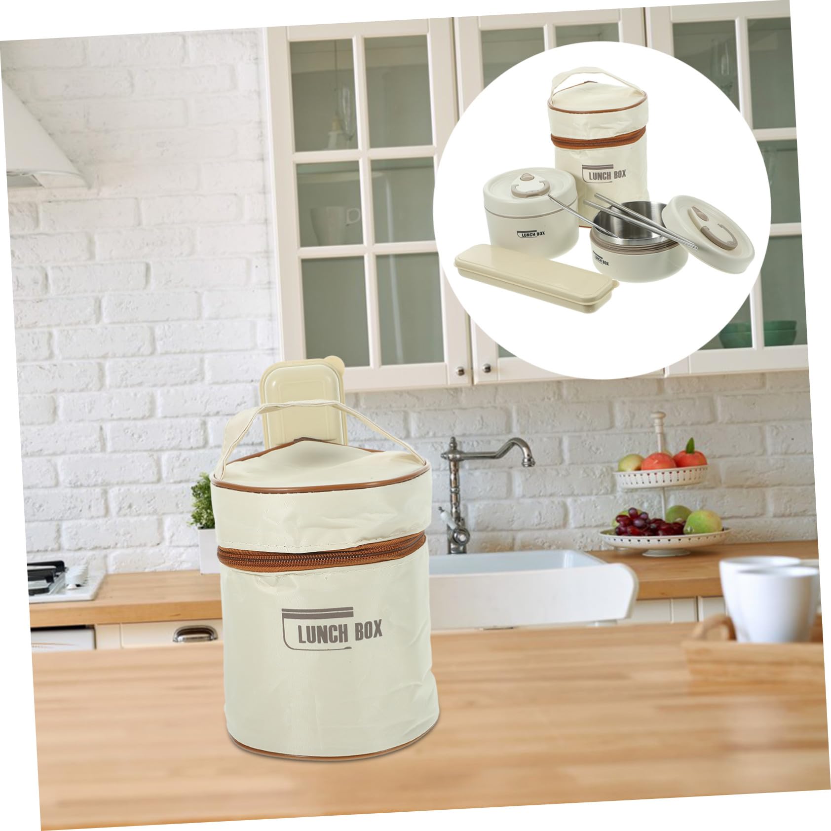 Toyvian Bento Box in Acciaio Inossidabile 600ml con Coperchio Beige | Capacità 440ml, Struttura Isotermica Riutilizzabile, Manico Integrato, Formato per Pasto Singolo