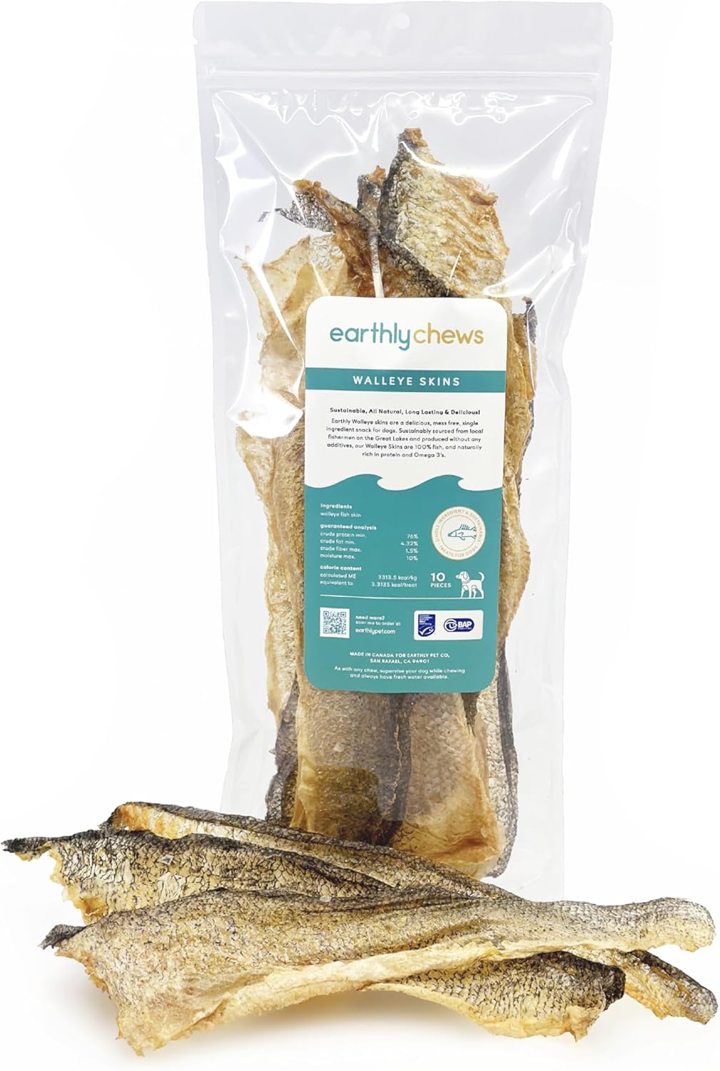 Earthly Walleye Skins, Single Ingredient, Lean Protein, Made in Canada. Crunchy and Delicious Fish Skin chew for Dogs - Pack of 10 Dog Chews