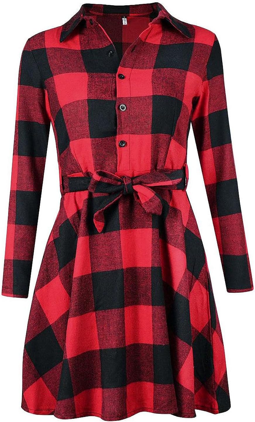 FANCYINN Women Long Sleeve Plaid Pattern Tunic Tops Shirt Casual Dress - Image 6