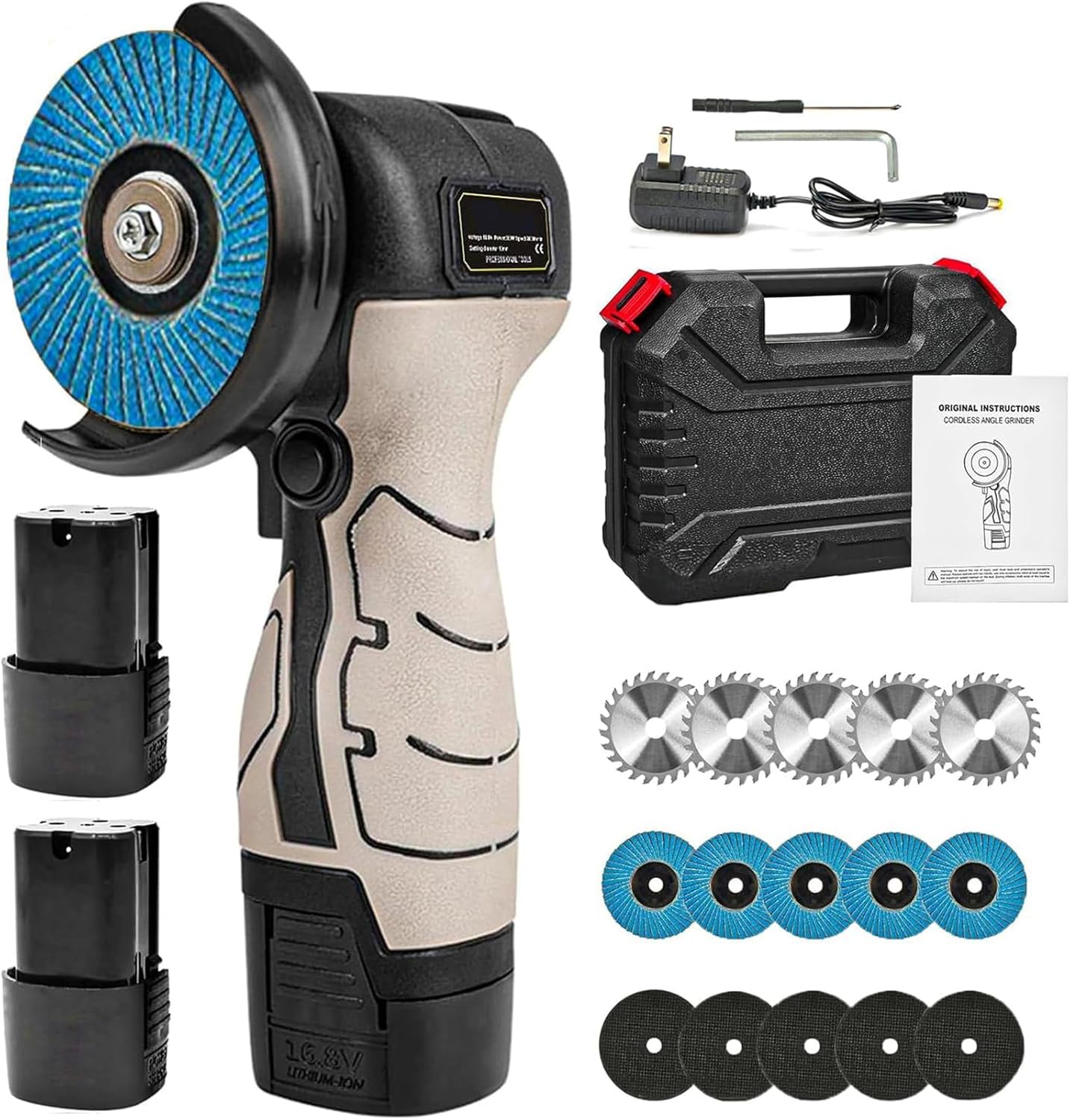 Cordless Brush Angle Grinder Kit,16.8V Angle Grinder with 2X2000mAh Batteries And 20-Cutting Discs,7000RPM Mini Electric Angle Grinding Tool,Suitable for Cutting, Polishing, Grinding And Derusting