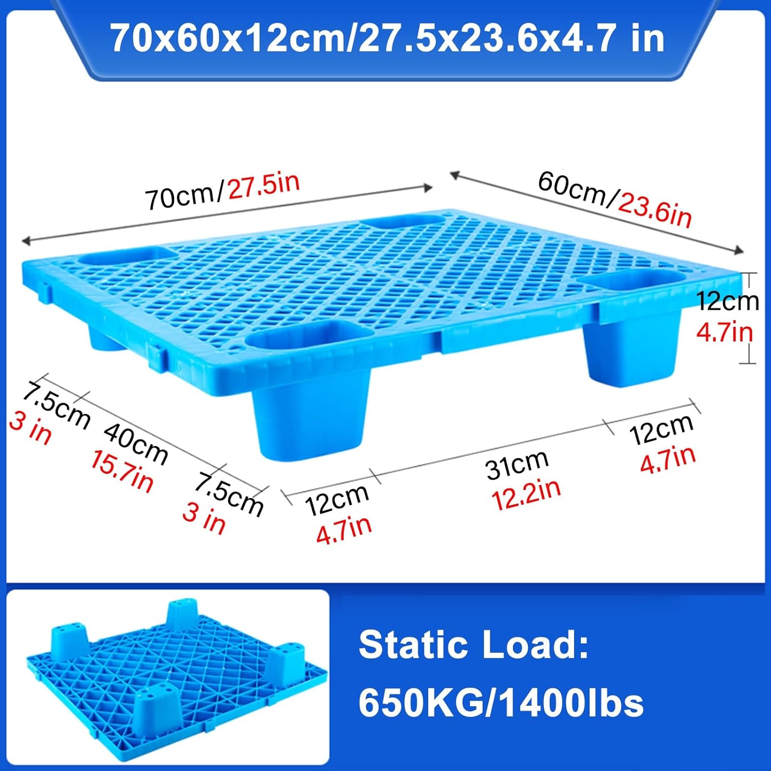 ZAQYCM Plastic Stackable Pallets Splicable Floor Platform, Industrial Plastic Pallets for Garage Warehouse Basement and Walkin Freezer Storage, Load 300-700KG(1 Pack,60x70cm/23.6x27.5 in)
