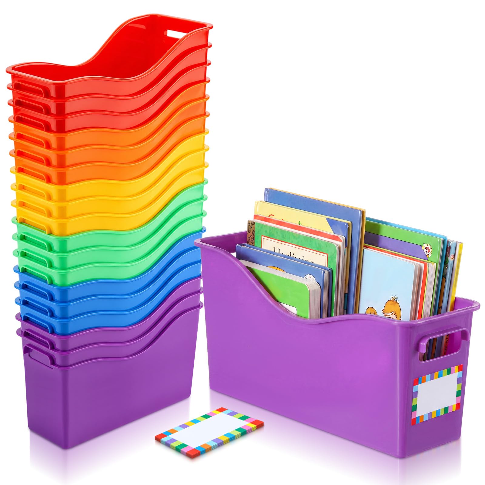 Colarr Confezione da 18 raccoglitori per libri sovrapponibili, in plastica resistente, con manici, organizer per aule, biblioteche, casa, ufficio, organizzazione (colore arcobaleno)