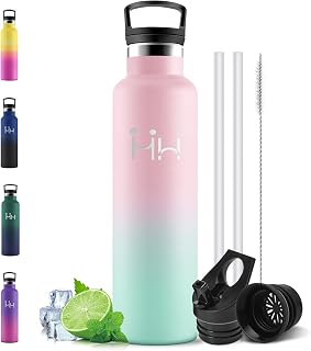 Stainless Steel Drinking Bottle, 1 Litre, with Straw, Thermos Flask, Thermal Drinking Bottles, Insulated Bottle for Office, Dark Green & Grey