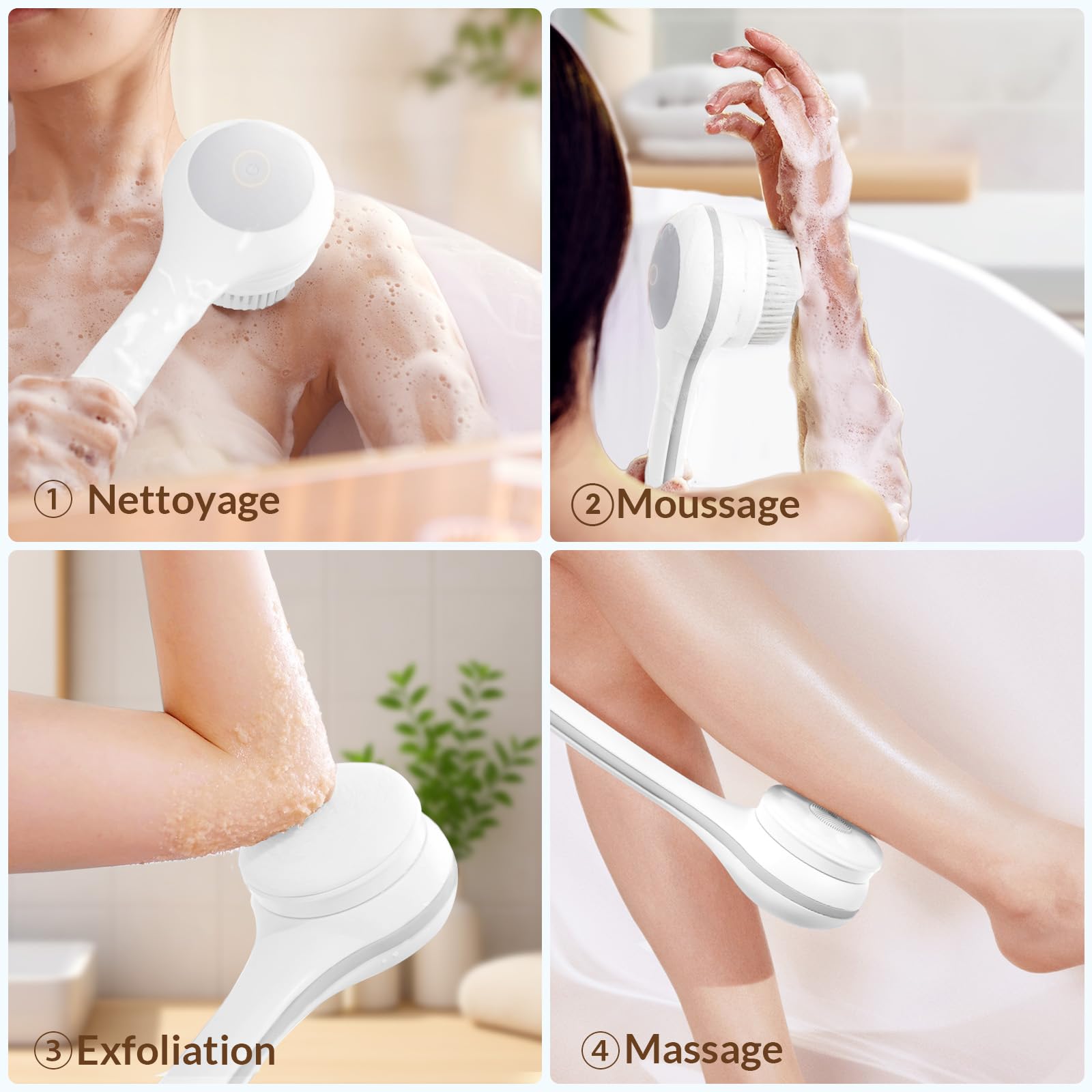 Brosse à récurer électrique pour le dos, brosse sèche, étanche IPX7, charge USB, longue poignée, applicateur de lotion pour le dos, hommes, femmes, jeunes personnes âgées – Blanc perle