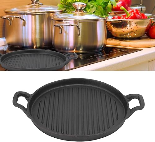 Miniatura 7 de Plancha de hierro fundido redonda de hierro fundido, sartén reversible de doble mango acanalado, utensilios de cocina al aire libre, parrilla de
