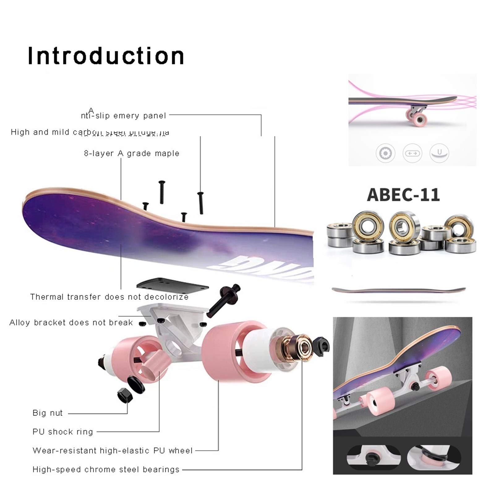 Skateboard pour Filles et garçons, Longues Planches à roulettes de 42 Pouces, Longboard de qualité supérieure pour croisière, Freestyle, Descente, Danse, Planches à roulettes C