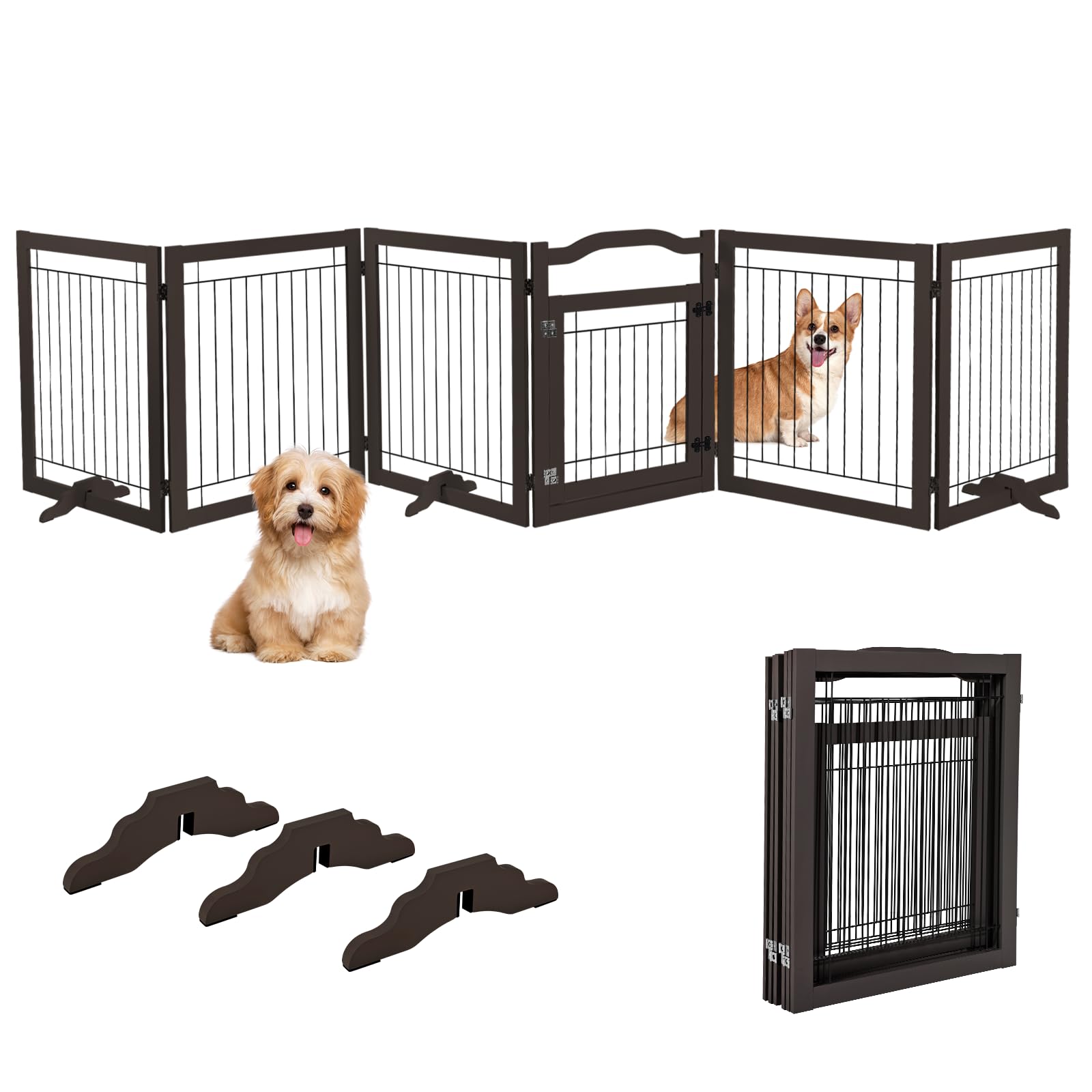 Freestanding Dog Gate 146” Extra Wide Wooden Indoor Pet Gate Stairs Expandable Decorative Wooden Fence Indoor Gate Safety for Doorways and House, Stairs for Small Medium Pets