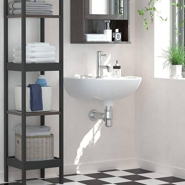 AMASHEN 17.7" x 14.4" Wall Mount Bathroom Sink White Semi-circular Ceramic Lavatory Wash Basin with One Hole and Overflow