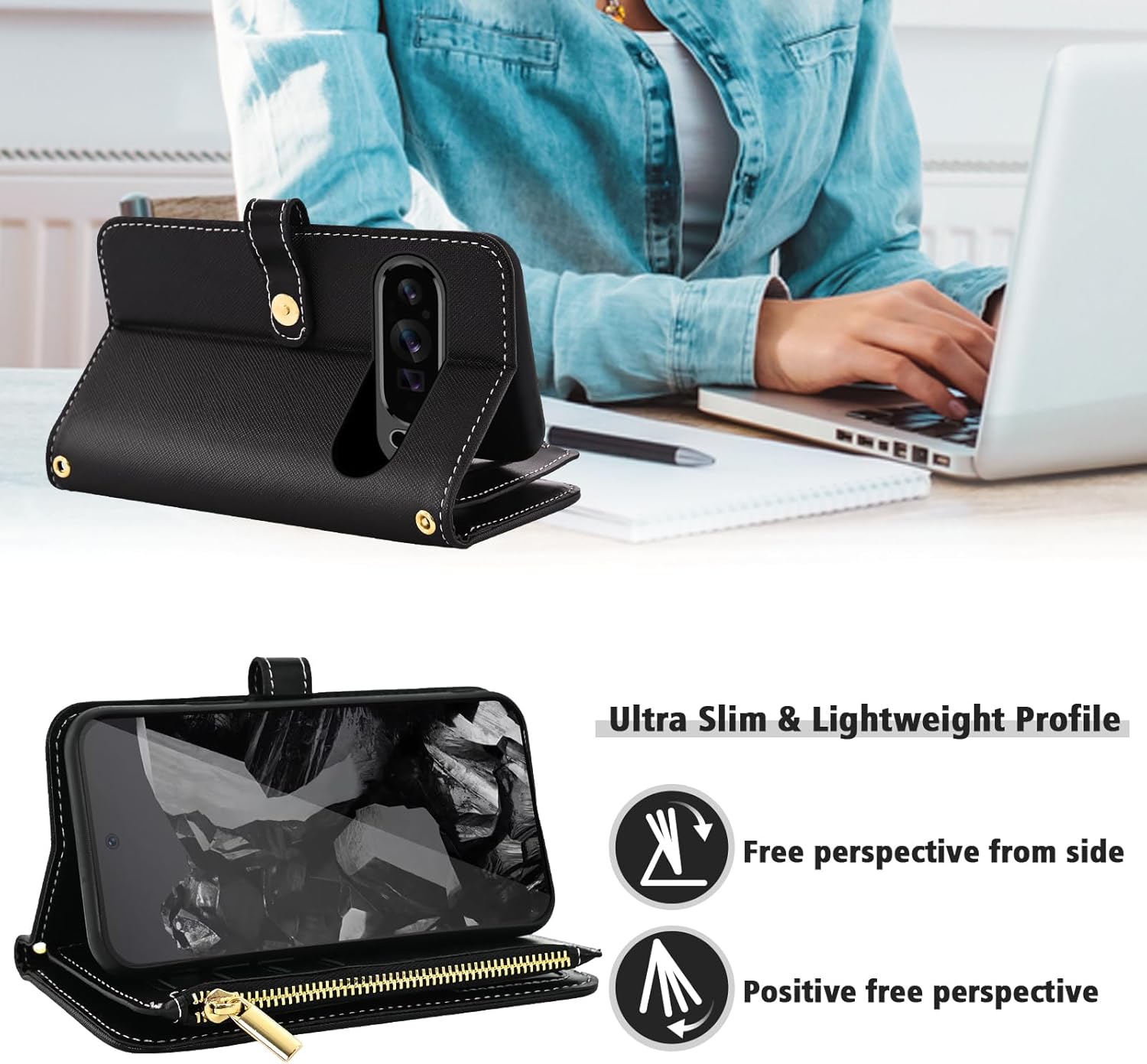 Floral Wallet Case for Google Pixel 9/9 Pro/10/10 Pro 5G with Wrist/Shoulder Strap Flip Zipper Purse, Credit ID Card Holder Stand Phone Cover for Pixel9 9Pro/Pixel10 10Pro Nine Ten Women Black