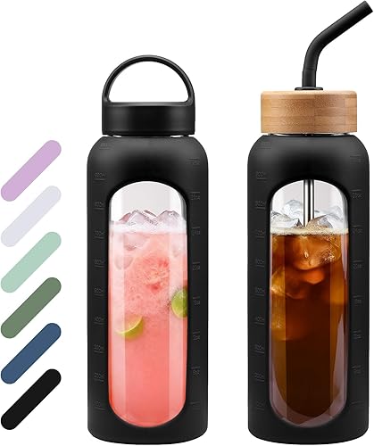 Miniatura 7 de Botella de agua de vidrio de 32 onzas, vaso de vidrio de 1 litro con pajilla, botellas reutilizables con 2 tapas, tapa con asa y tapa de popote de