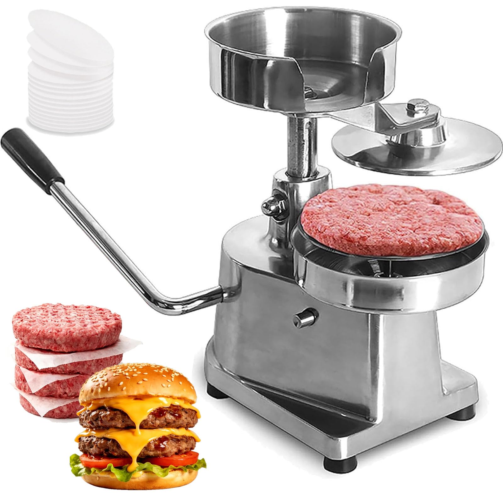 Eoweiot Manual Hamburger Press Machine, Stainless Steel Burger Patty Maker with Greaseproof Papers for Snack Shops and Food Trucks (13cm/5in)