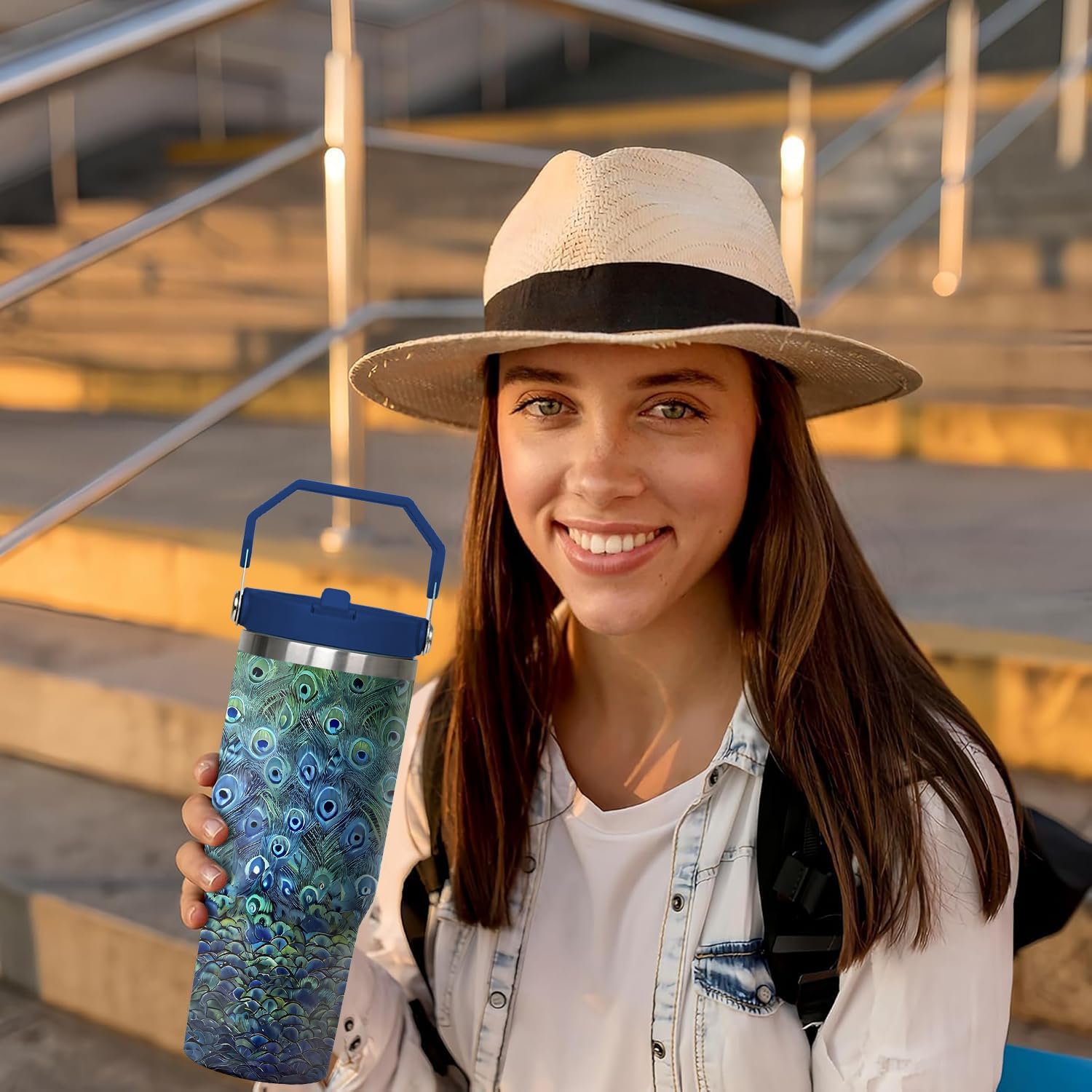 30 oz Peacock Tumbler with Handle and Flip Straw, Colorful Bird Coffee Mug Water Bottle Stainless Steel Cup, Valentines Birthday Gifts for Animal Lovers - Image 6
