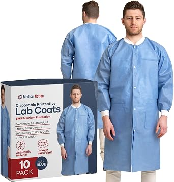 Medical Nation Disposable Lab Coats | 10 Pack - 50 Pack | Lab Coats for Adults with Knit Cuffs and Pockets (Size Small - 5XL)