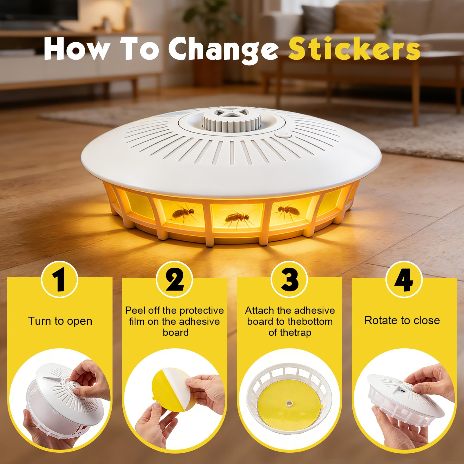 Trappola per pulci con luce LED a 360° per appartamento, include 15 adesivi e 4 modalità luminose. Doppia alimentazione, non tossica e inodore. Ideale per soggiorno, cucina, camera da letto e tappeti