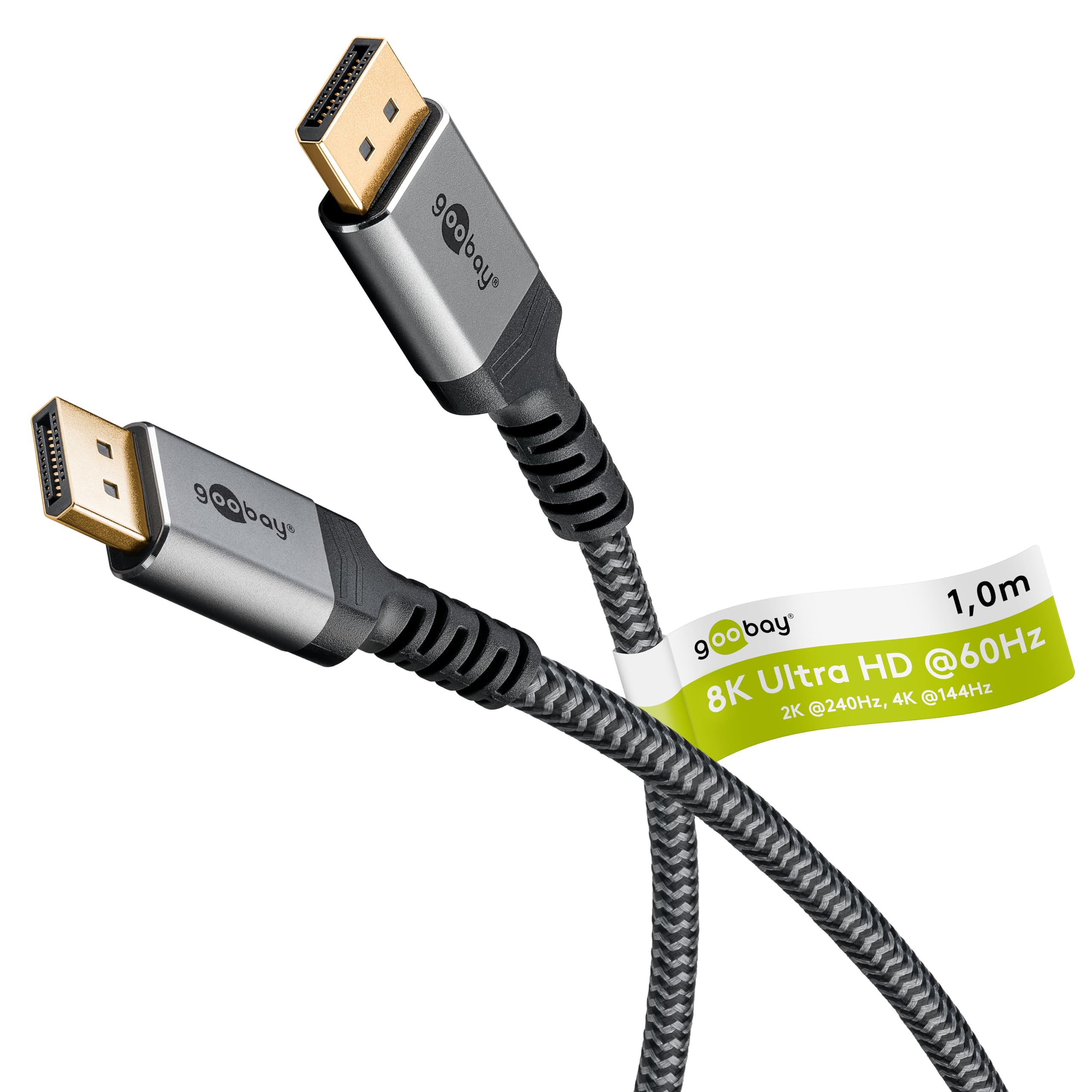 goobay 65264 Câble Displayport 1.4 / Résolution jusqu'à 8K@60Hz (UHD) / 32,​4 Gbit/​s pour réduire les erreurs de transmission/​Gaming & Video Streaming/​Gris / 1m