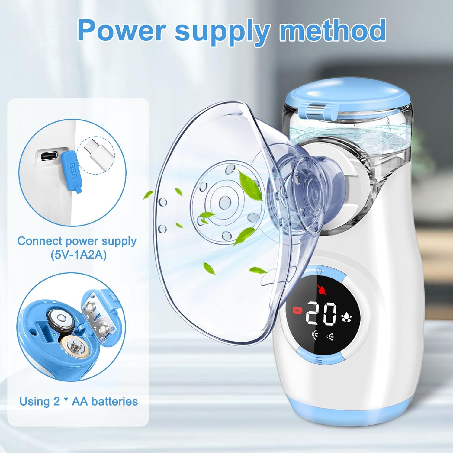Image showing how to insert AA batteries and connect the USB power supply to the nebulizer.