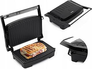 Parrilla Eléctrica Panini Grill 1000W, Placas Antiadherentes, Mango Cool Touch, Apertura Ajustable, Indicador Luminoso, Base Antideslizante, Acero Inoxidable, Compacta y Robusta, Negro