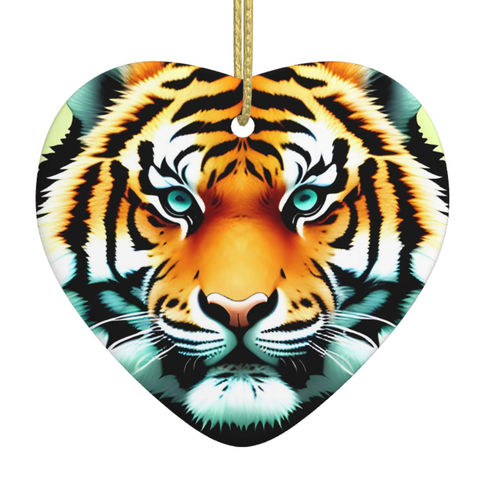 Little Fat Tiger Head Ceramic Christmas Heart Pendant with Silk Thread, Christmas Tree Home Decoration