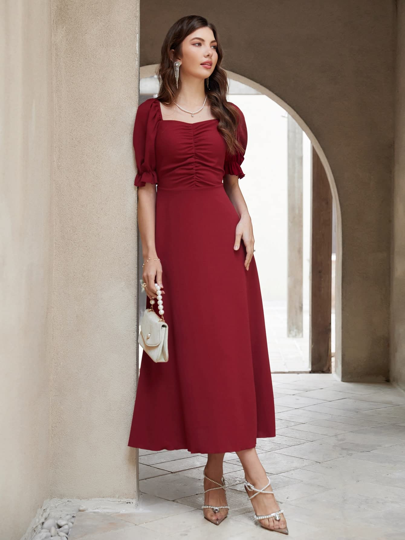 Shasmi Girl's & Women's Solid Maroon A-Line Ruched Puff Sleeve Maxi Long Evening One Piece Long Dress for Women Stylish (Dress 131 Maroon-S) - Image 4 thumbnail