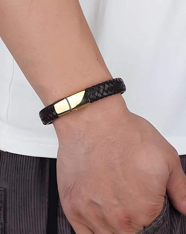 Deerllia Leather Bracelet for Men, Braided Cuff with Stainless Steel Clasp Stacked Multi Style Color Anniversary Father's Day Birthday Christmas Jewelry Gifts for Him, Black Clasp Black Leather by Deerllia - Used condition - Image 2