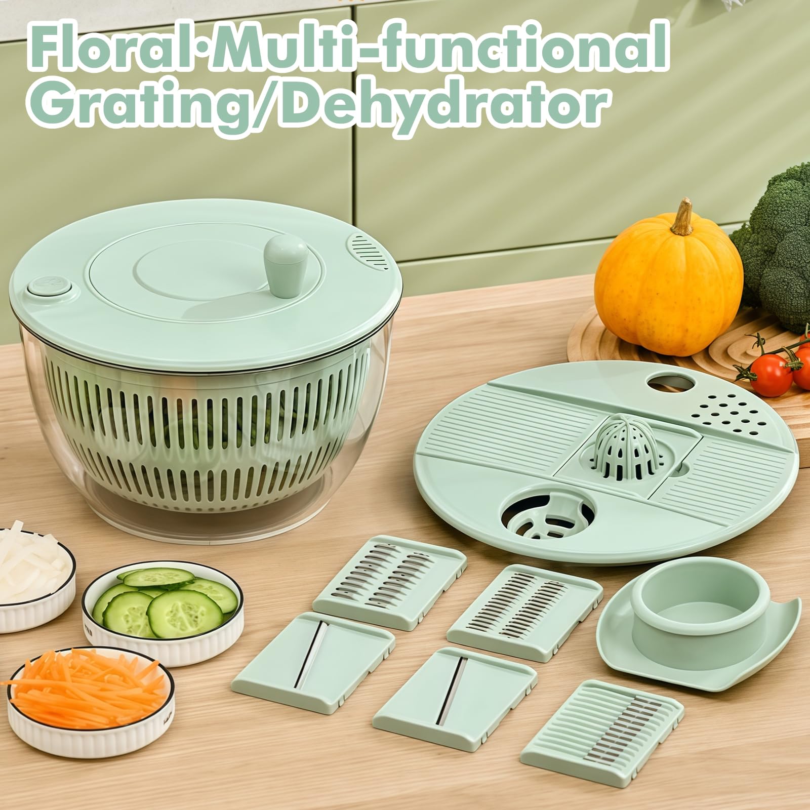 Centrifuga per insalata da 4 l con coperchio, con 6 lame e tagliere, ciotola multifunzione in PET con finestra di visualizzazione, ideale per lavare, asciugare e tagliare frutta e verdura
