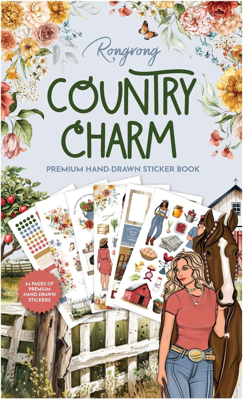 Rongrong Country Charm Planner Sticker Book for Planners, Calendars and Journals – Premium Quality Hand Drawn Perfect for Lovers of The Countryside – Scrapbook Accessories – 24 Pages