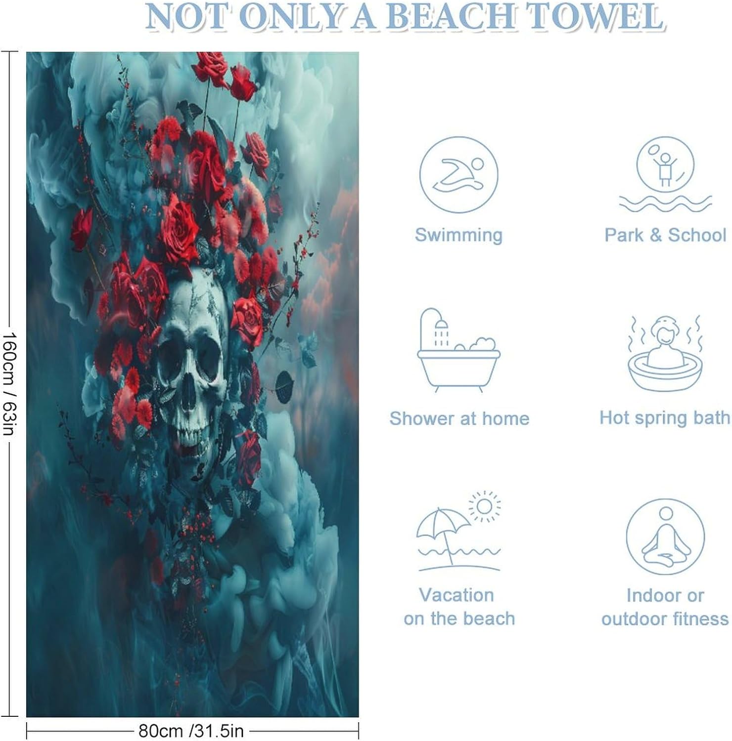 Rose Skull Bath Towel Beach Towels Quick Dry Oversized Bath Blanket Highly Absorbent Towel for Women Men 160x80cm