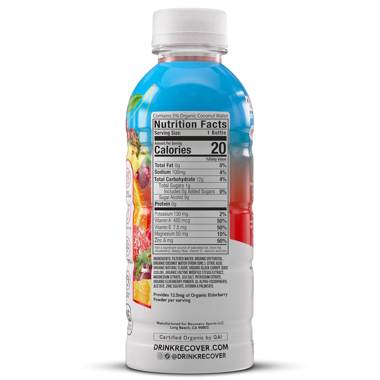 RECOVER 180 Organic Sports Hydration Drink, No Sugar Added, 20 Calorie Sports Beverage, Organic Flavors With Vitamins, Potassium-Packed Electrolytes (16.9 Fl Oz (Pack of 12), Fruit Punch)