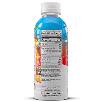 RECOVER 180 Organic Sports Hydration Drink, No Sugar Added, 20 Calorie Sports Beverage, Organic Flavors With Vitamins, Potassium-Packed Electrolytes (16.9 Fl Oz (Pack of 12), Fruit Punch)