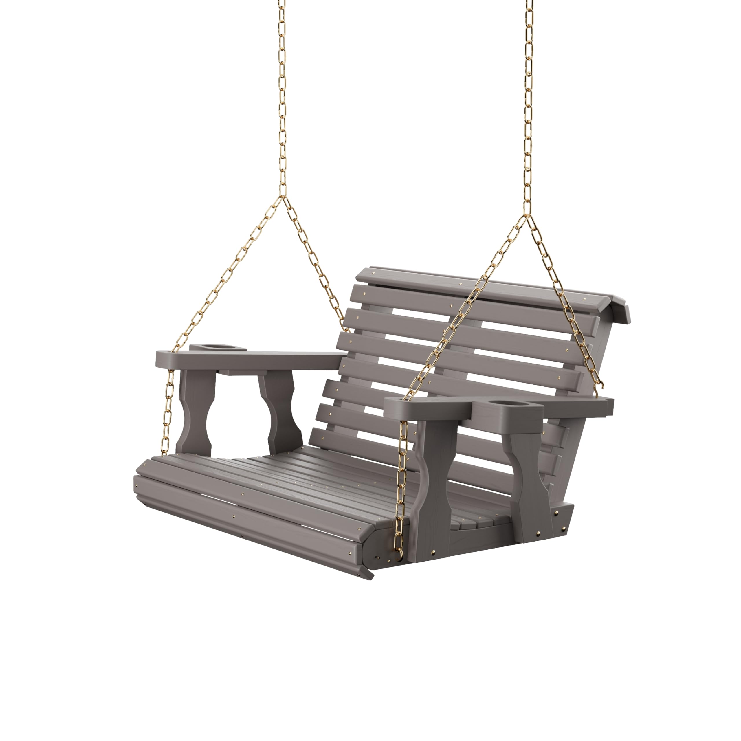 Amish Casual Heavy Duty 700 Lb Capacity Porch Swing with Cup Holders (3 Foot, Semi-Solid Gray Stain) – Wooden Outdoor Roll Back Swing with Hanging Chains – Amish Made in the USA