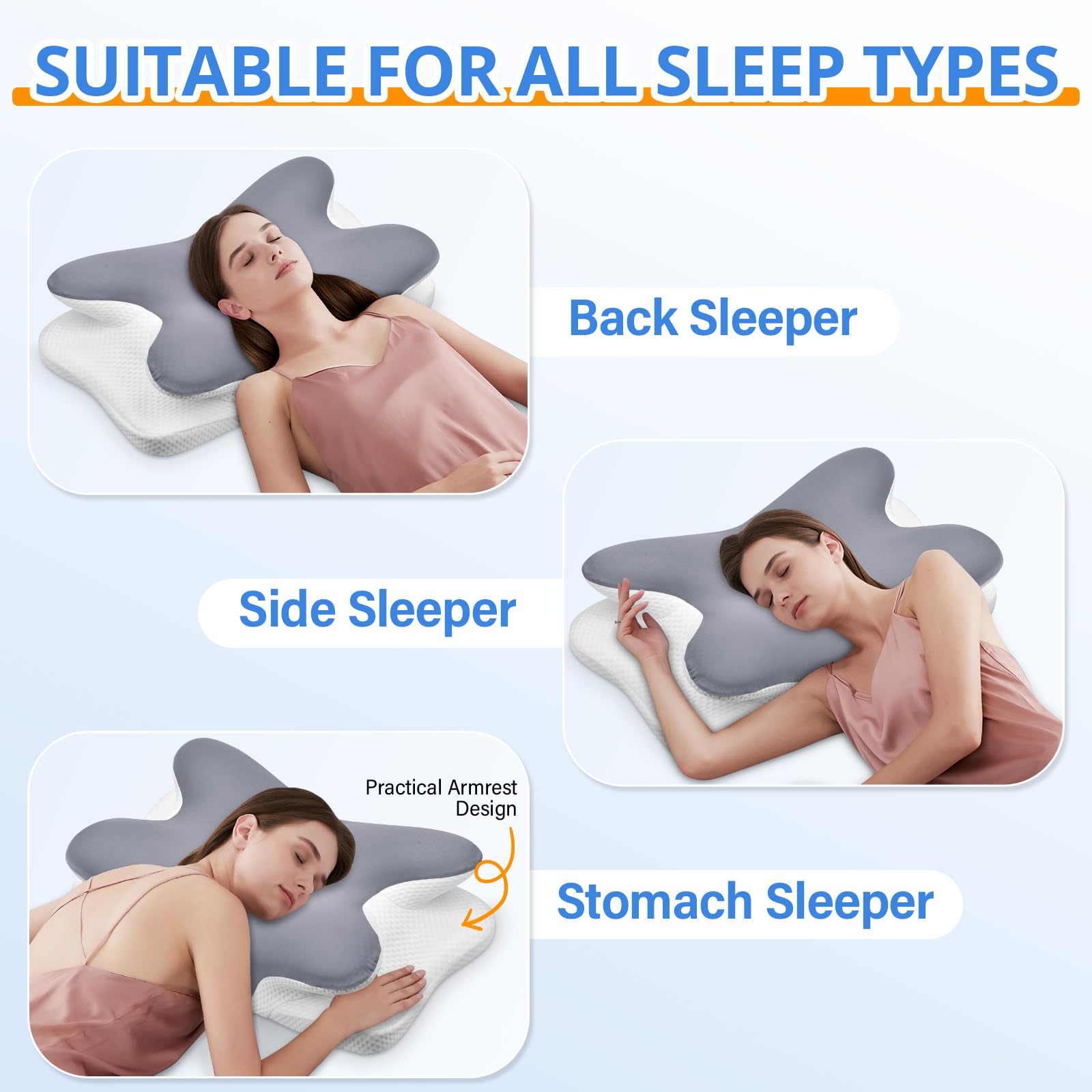 Ehomfory Cuscino Cervicale per Dormire, 2 in 1 Cuscino Ergonomico in Memory Foam, Cuscino per Supporto Cervicale con Federa Sfoderabile e Lavabile, 62x41x9/12 cm (Grigio)