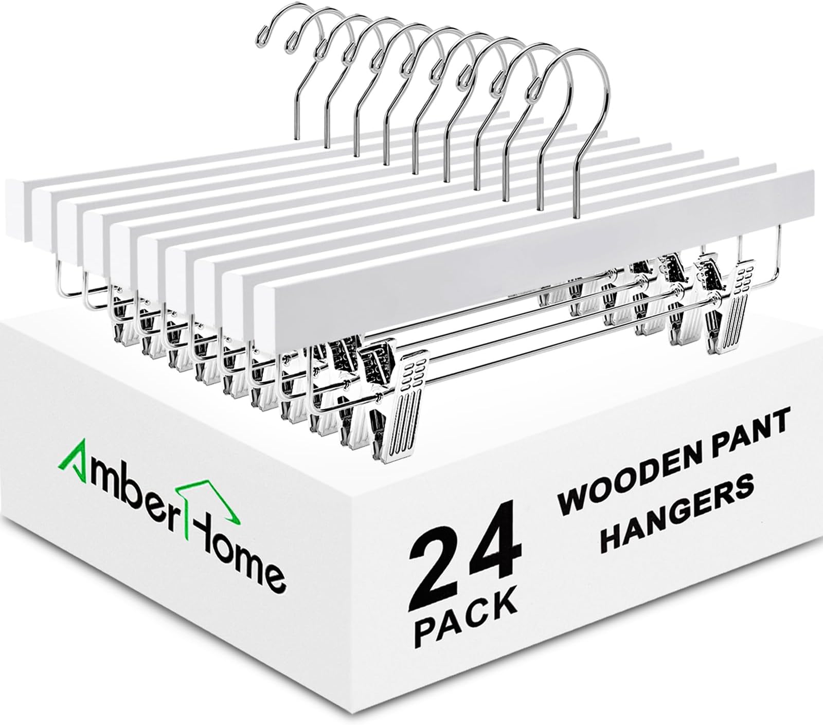 - 24 Pack White Wooden Pants Hangers with Clips, 14" Wood Skirt & Trousers Hangers, Closet Hangers for Jeans, Slacks, Shorts, with 2-Adjustable Clips (White, 24)