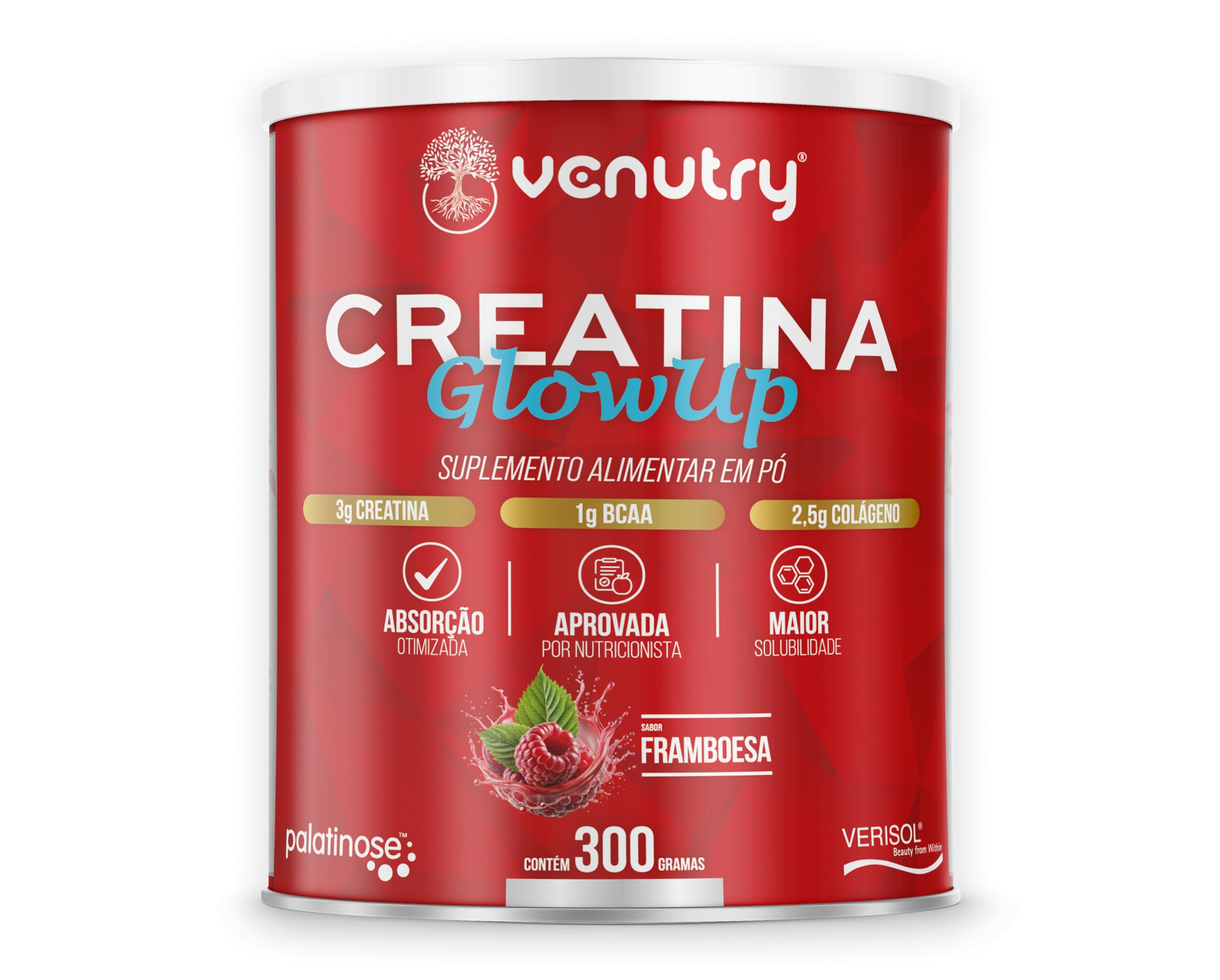 Creatina Glow Up com Colágeno - 300g - Sabor Framboesa - Venutry