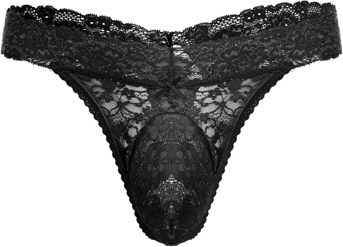 IBAKOM Men's Lace Frilly Sissy Thong Panties Sheer Mesh Bikini Briefs T-back G-string Underwear