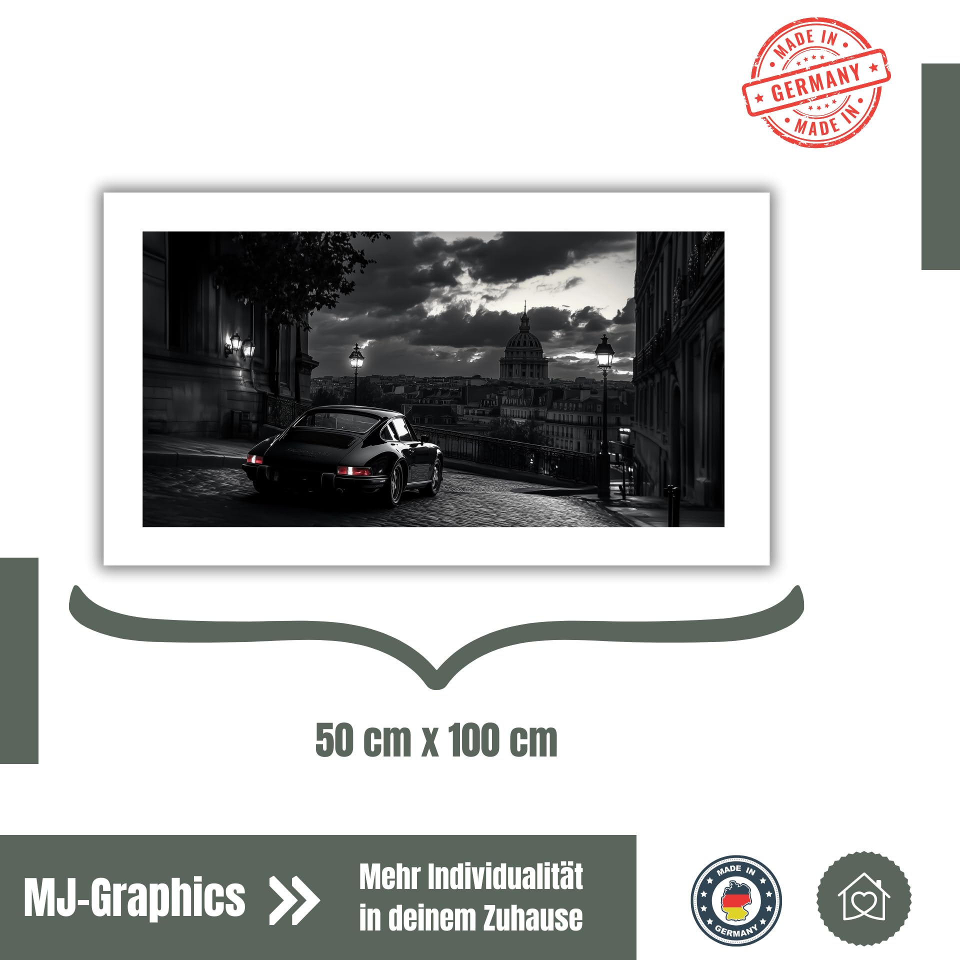 MJ-GRAPHICS® Poster Porsche Bild Auto 90x45cm – Oldtimer Poster 911 Stadtblick Abendlicht schwarz-weiß Wandbild Kunstdruck Männerzimmer Wohnzimmer Büro Vintage OHNE RAHMEN