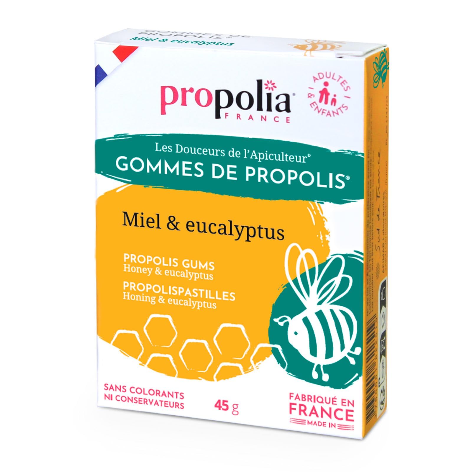 PROPOLIA - Gommes de Propolis, Miel & Eucalyptus - Apaise la gorge, dégage le nez et rafraîchit l'haleine - Complément alimentaire - 100% naturel - Fabriqué en France - 45 g