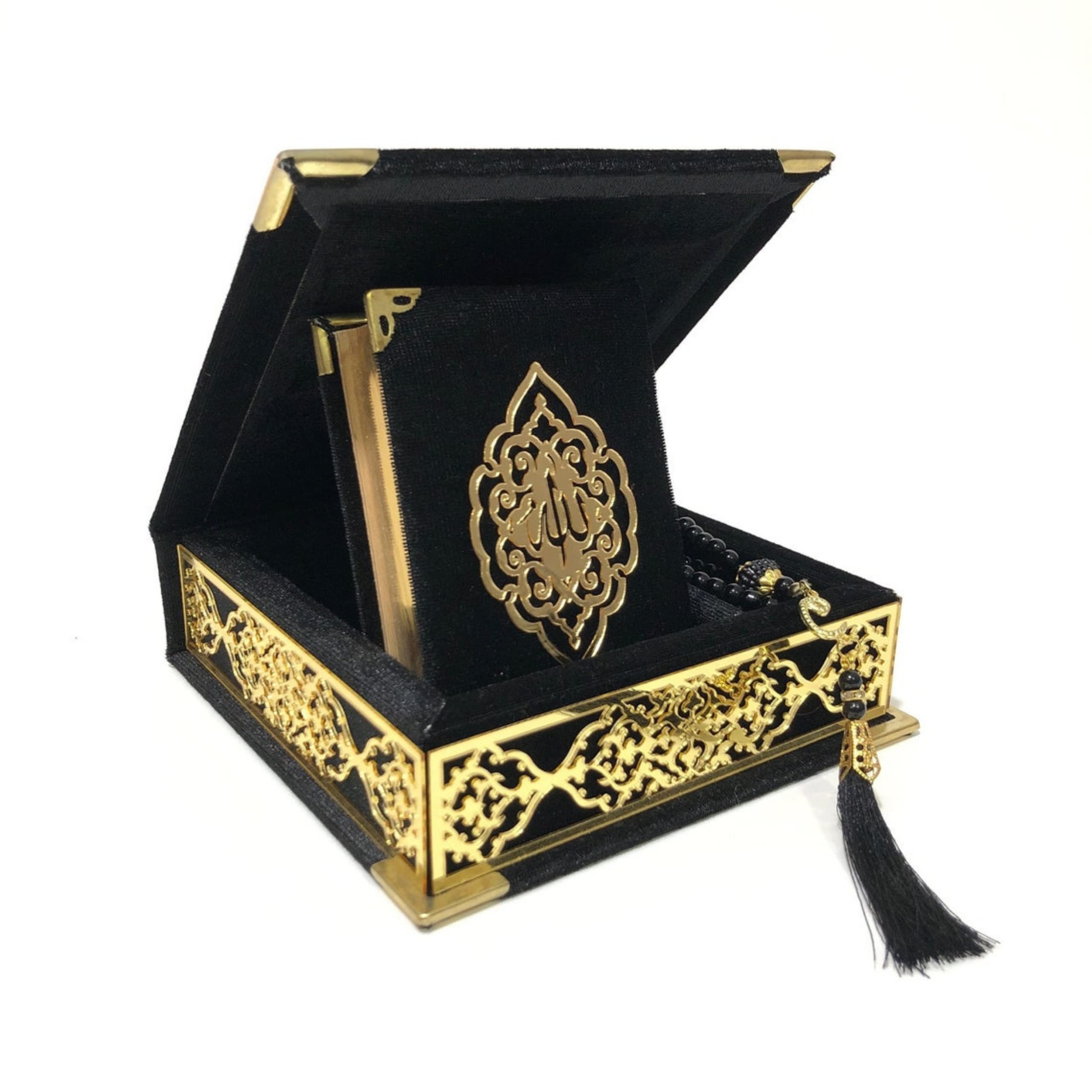 Velvet Covered Quran Tasbeeh Islamic Gift Set | Holy Quran Prayer Beads Wooden Gift Box | Islamic Birthday, Wedding Gift | Islam Graduation Gift | Muslim Gift Favor | Eid, Ramadan Gift Favor (Black)