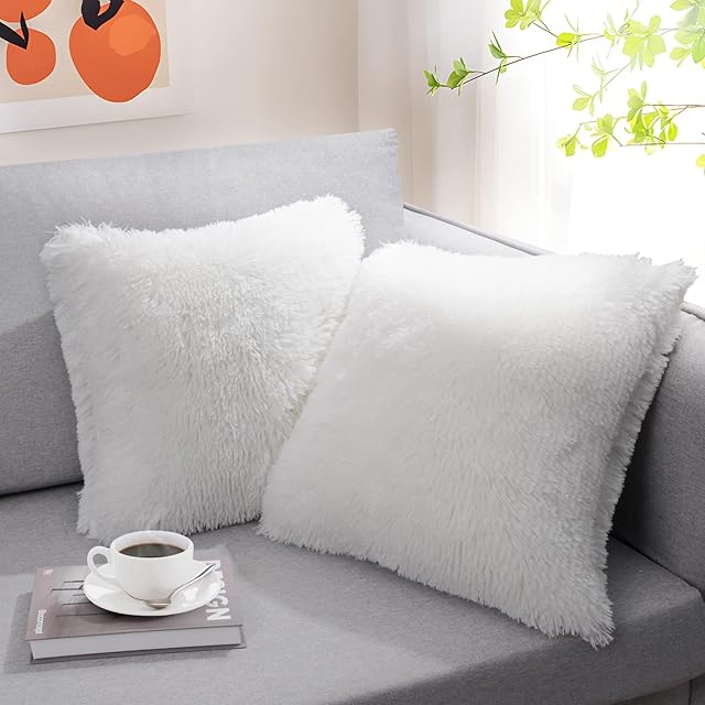 Alishomtll Faux Fur Throw Pillow Cases Fluffy Cushion Covers Decorative Cuddly Cushion Cases for Sofa Bedroom Living Room Car 20 X 20 Inch 50 X 50 cm Pack of 2 White