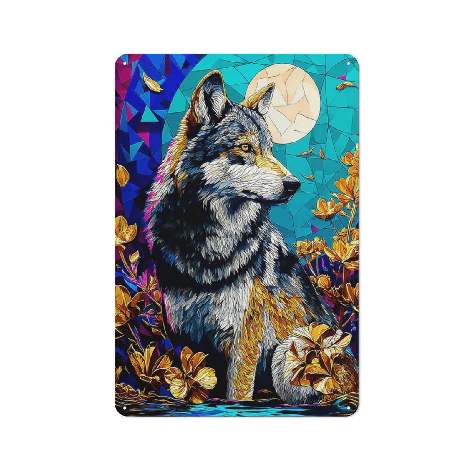 Junmoney Wolf In Moonlit Garden Tin Sign 30X20cm With For Living Room Wall, Rustic Decor, For Living Room Decor Lovers