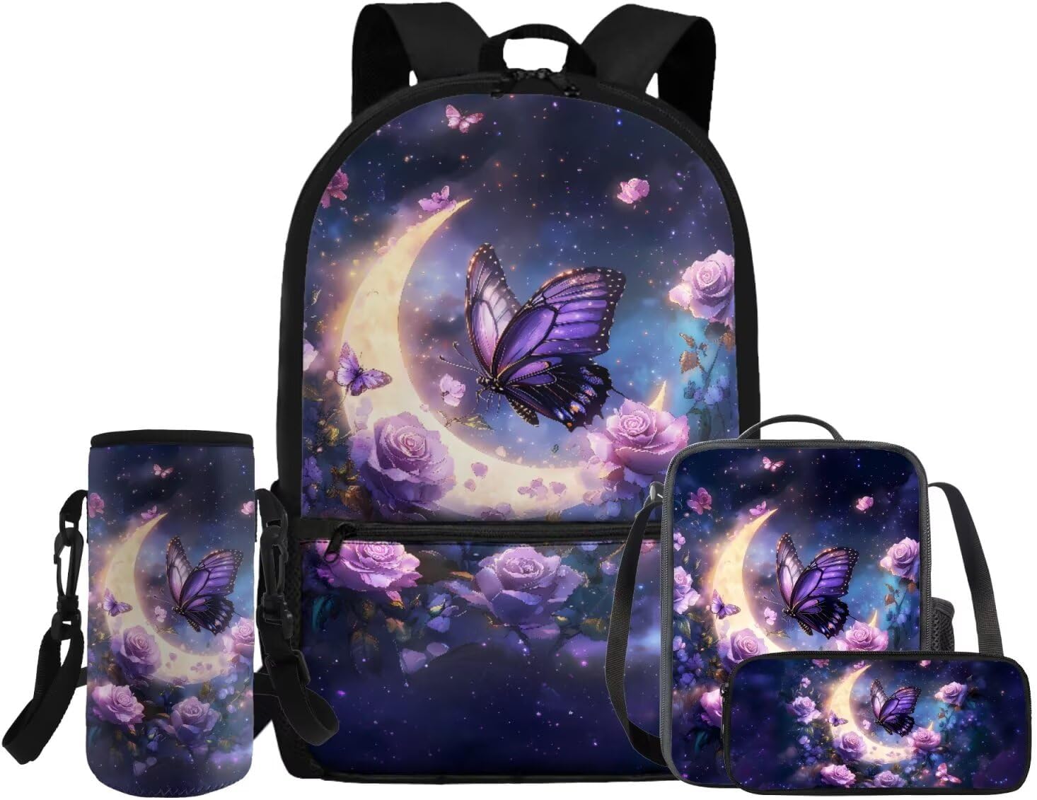 Cozeyat Moon Butterfly Bookbag and Lunch Box Set for Girls Aesthetic Teen Backpack with Lunchbox and Water Bottle Holder 17 inch Kids School Bag for 1st 2nd 3rd Grade Elementary Students