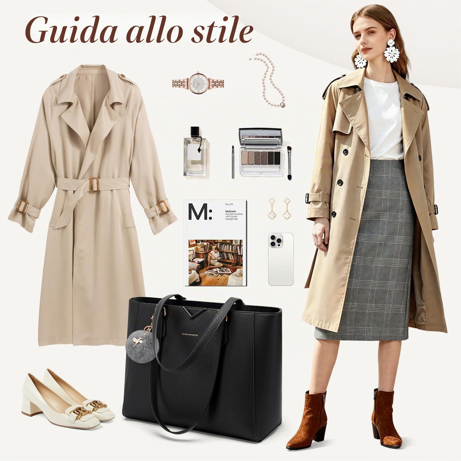 RAINSMORE Borsa Donna Grande Borsa Università Impermeabile Borsa Lavoro Donna Pelle PU Borse Shopping Tote Con Pompon Staccabile per Ufficio Scuola Viaggi
