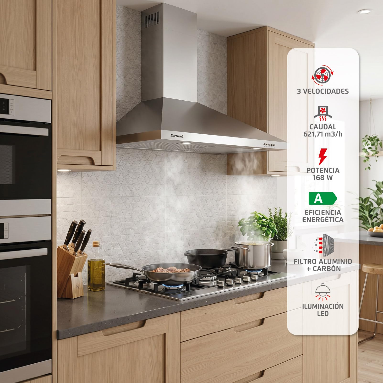Corberó - Ozdobny dzwonek piramidowy Inox | 70 cm | KURAMATHI760X | Przepływ 621,71 m3/h | 165W | 3 prędkości | 2 filtry aluminiowe | Filtr węglowy | Efektywność energetyczna A, stal nierdzewna